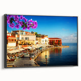 Framed canvas of a black and white vintage landscape painting of Crete, Greece, ideal for bedroom wall art.