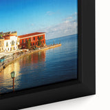 Extra large framed canvas featuring a textured depiction of Crete, Greece in black with colorful accents.