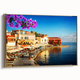 Framed canvas of a vintage-style Crete landscape in black and gold tones, ideal for bedroom wall art.