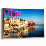 Framed canvas landscape art painting depicting a vintage-style Crete scenery in colorful hues, ideal for living room decor.