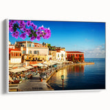 Vintage poster art of Crete, Greece coastline on extra large framed canvas with colorful and black elements.
