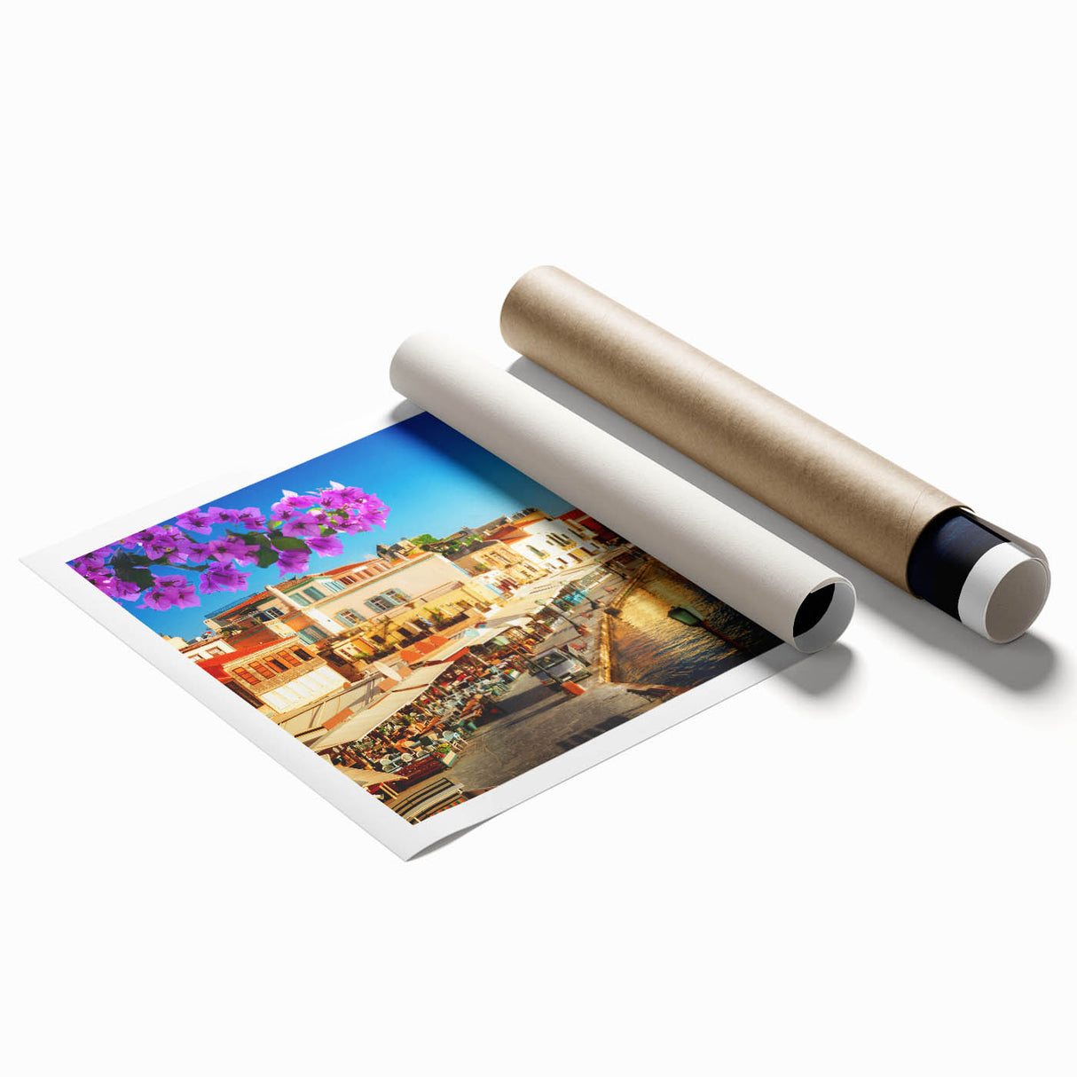 Extra large wall art depicting the Greece Crete scenery in soft pastel hues on a rolled print.