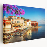 Large canvas print of a serene Crete landscape in soft blue and white tones, ideal for kitchen wall art.