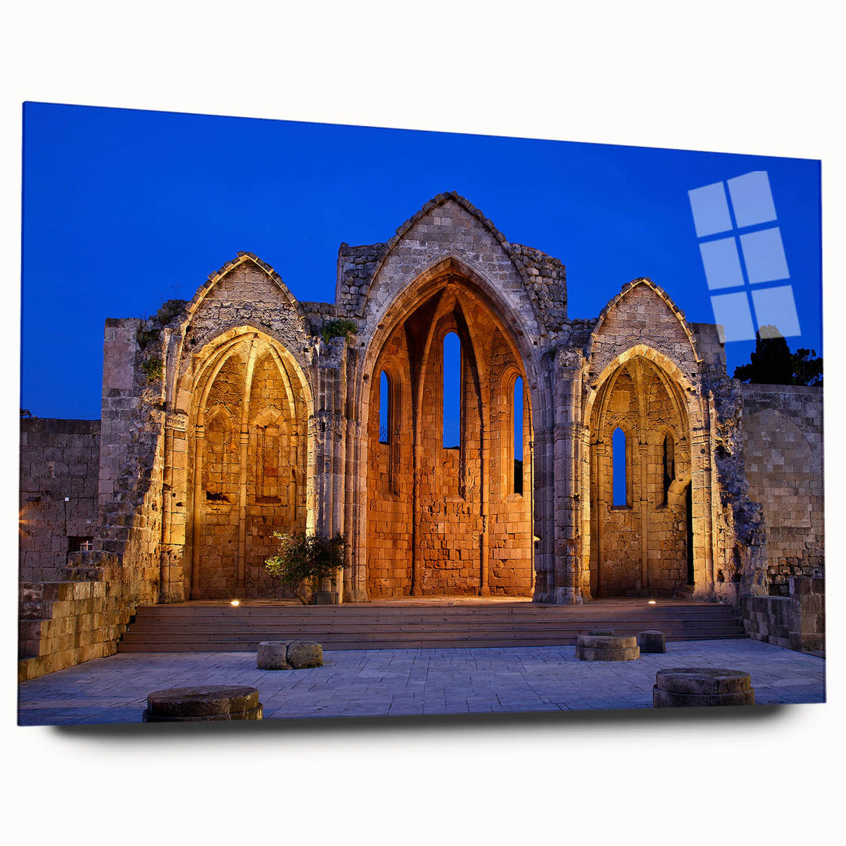 Large abstract wall art of Rhodes, Greece in muted blue tones on acrylic glass, suitable for bedroom or dining room decor.
