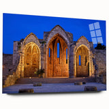 Large abstract wall art of Rhodes, Greece in muted blue tones on acrylic glass, suitable for bedroom or dining room decor.