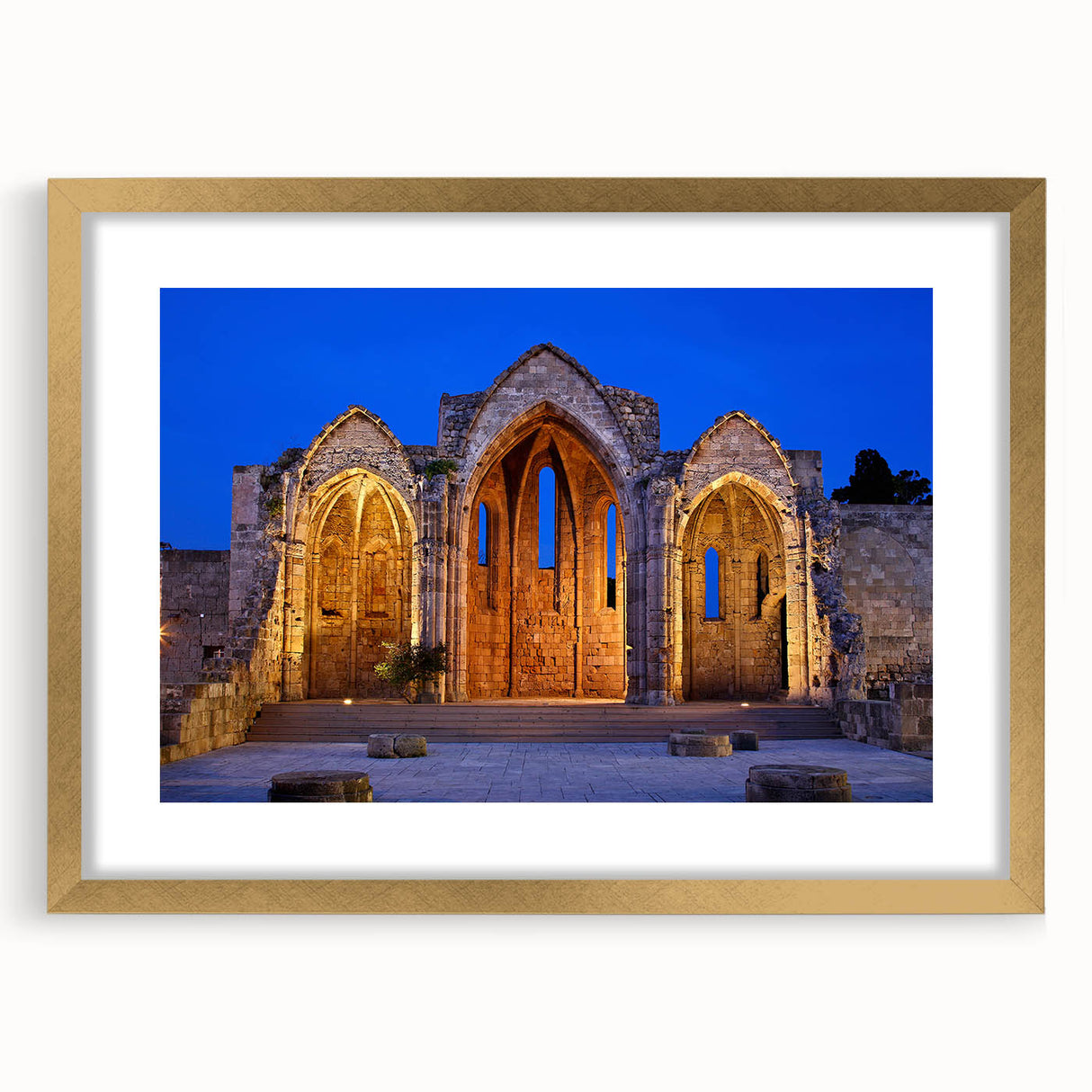 Abstract art print of Rhodes, Greece, in muted earth tones on a framed canvas, suitable for bedroom or dining room decor.