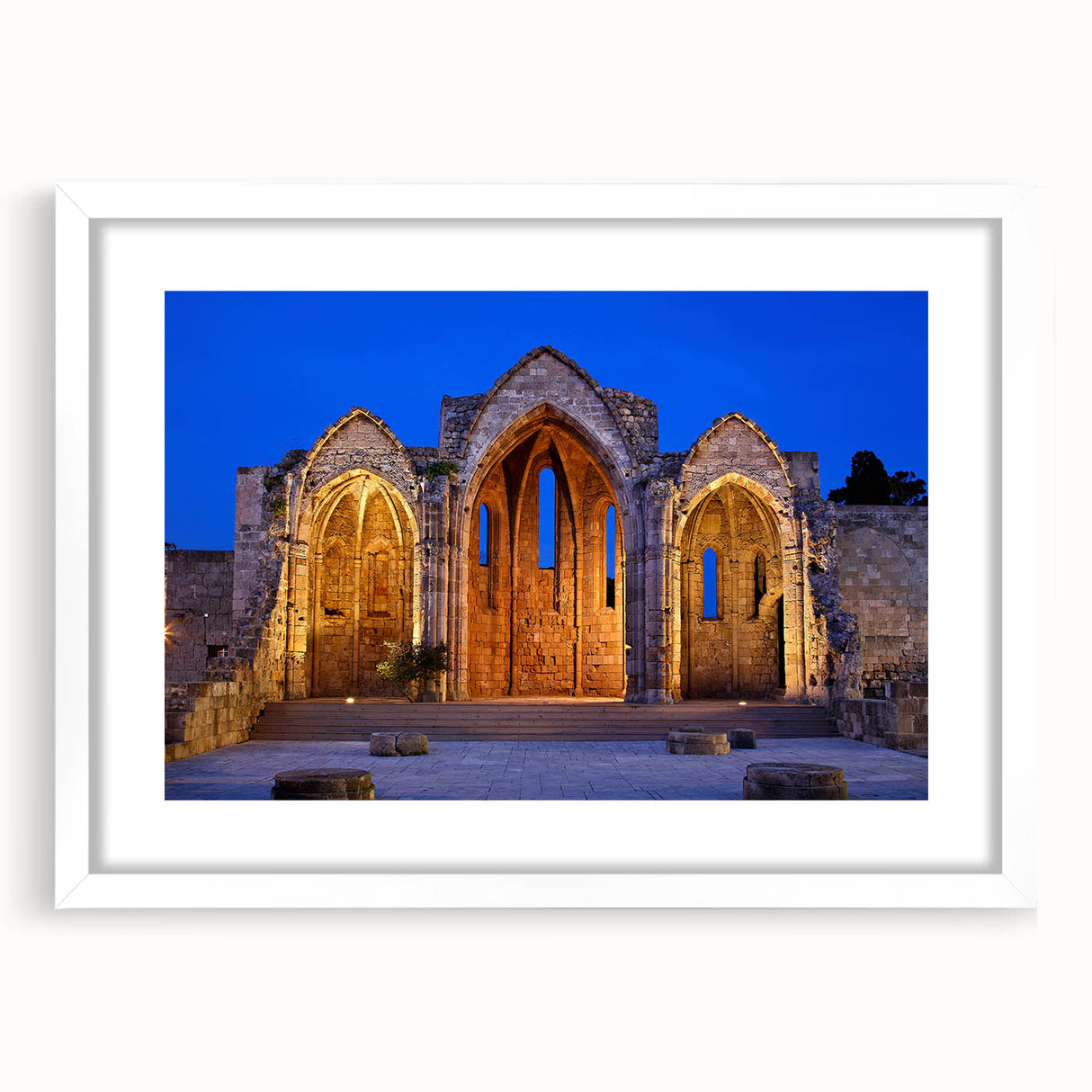 Textured abstract art print of Rhodes, Greece in muted earth tones on framed white mat, suited for bedroom art.