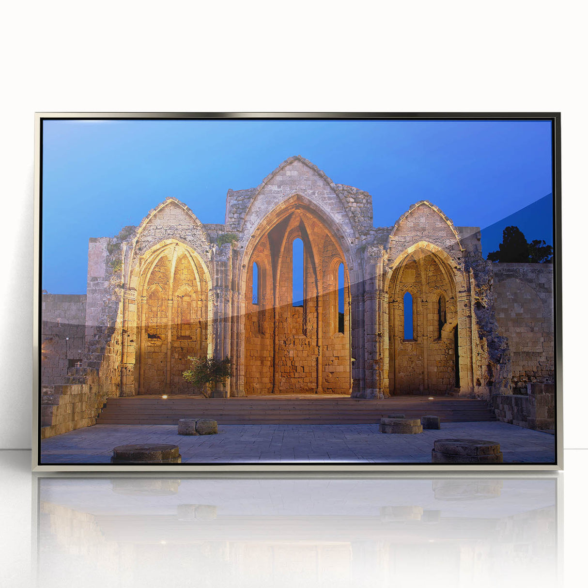 Large acrylic print of a Rhodes, Greece scenery in muted earth tones, framed in silver, suitable for modern art wall decor.