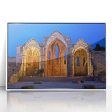 Mid-century modernist art depicting a serene Rhodes, Greece landscape in muted blue and white tones, framed acrylic.