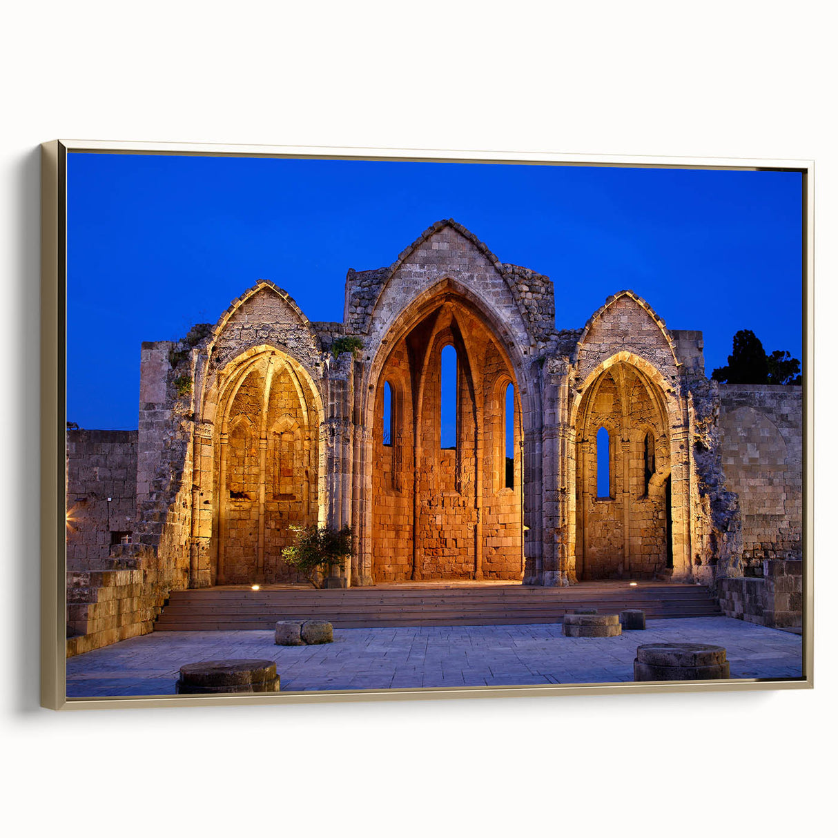 Framed canvas wall art depicting a vintage-style landscape of Rhodes, Greece, with muted gold and black tones.