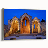 Framed canvas landscape art painting of Rhodes, Greece, with colorful houses and a silver frame, ideal for living room decor.