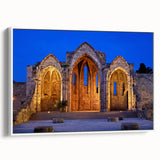 Vintage poster art of Rhodes, Greece on framed canvas, featuring colorful artwork against a black background.