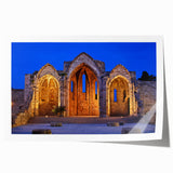 Rolled canvas print of Rhodes, Greece, featuring vibrant ocean blues and classic white architecture.