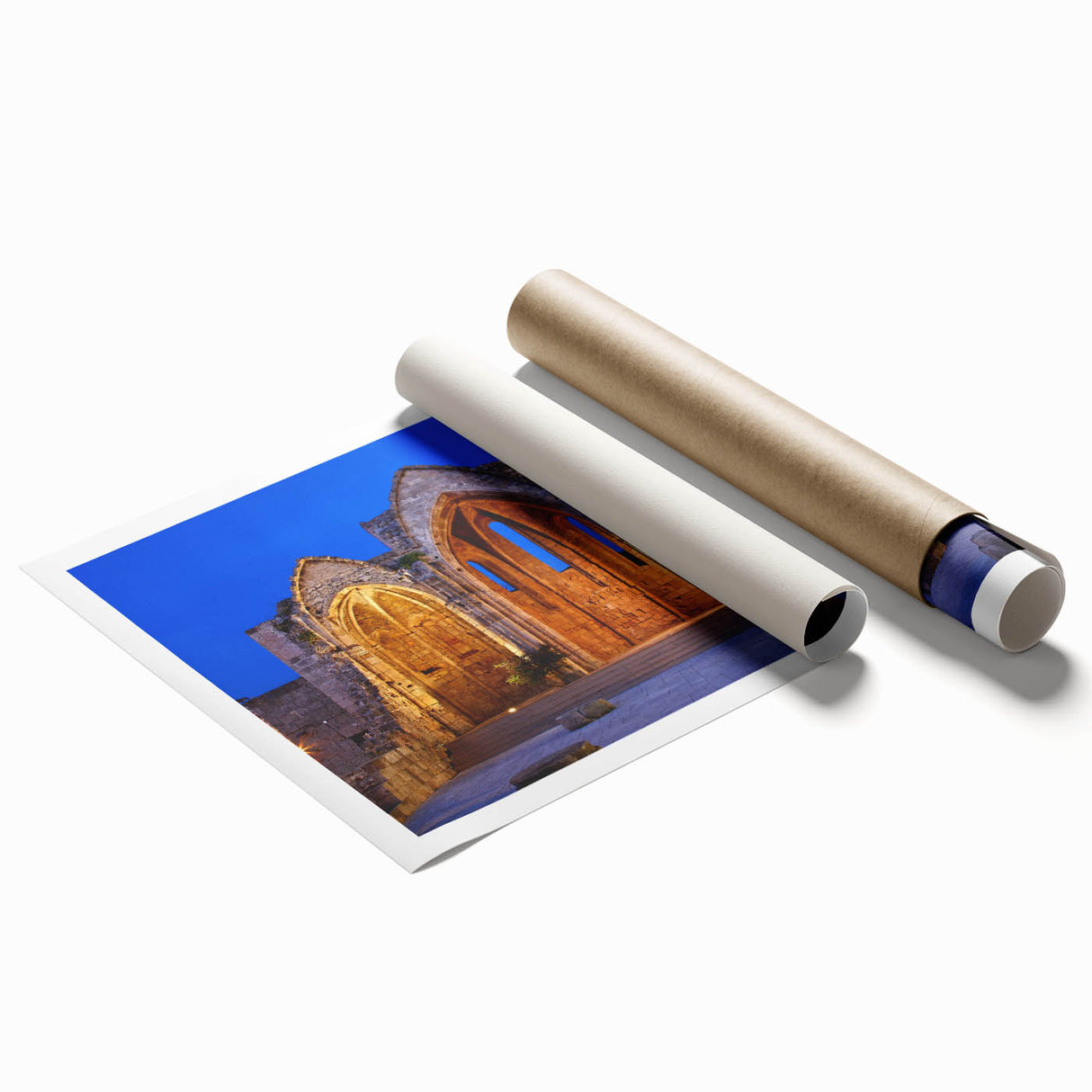Extra large rolled print of a floral scene in Rhodes, Greece, in soft pastel shades, ideal for classy bathroom wall art.