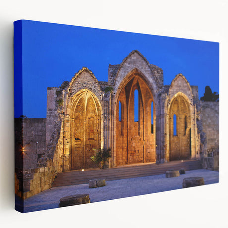 Large art print of Rhodes, Greece scenery on stretched canvas, featuring vibrant blue and white tones.