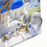 Acrylic print of Santorini landscape with vivid blue and white tones.