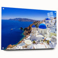 Acrylic print of Santorini landscape in vibrant blue and white tones, ideal for dining room decor.