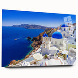 Acrylic print of Santorini landscape in pastel shades, ideal for bedroom or dining room decor.