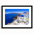 Extra large wall art featuring abstract portrayal of Santorini in vibrant blues and whites.