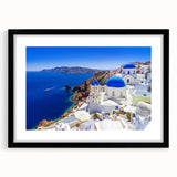 Extra large wall art featuring abstract portrayal of Santorini in vibrant blues and whites.