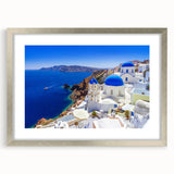 Extra large wall art of abstract Santorini scenery in textured silver frame, ideal for living room decor.