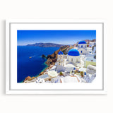 Textured abstract art print of Santorini with blue and white hues on a framed canvas, ideal for bedroom art.