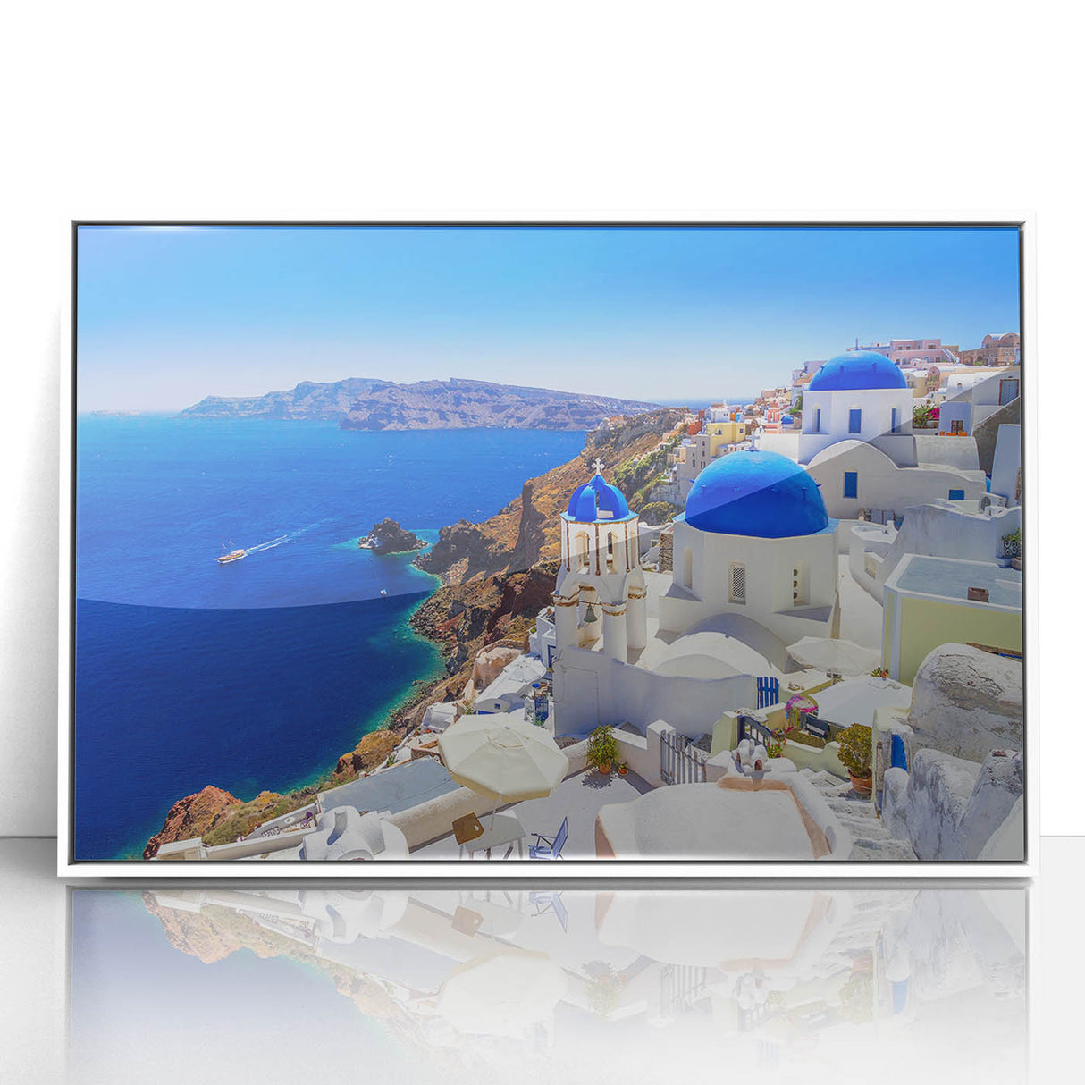 Mid-century modernist art depicting Santorini landscape in pastel blue and white, acrylic framed.