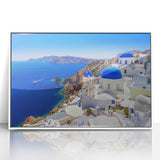 Mid-century modernist art depicting Santorini landscape in pastel blue and white, acrylic framed.