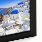 Extra large framed canvas of Santorini landscape in black with colorful, textured art, suitable for living room decor.