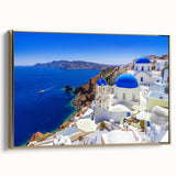 Framed canvas depicting a vintage-style Santorini landscape in muted blue and white, ideal for bedroom wall art.