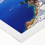 Art deco poster of Santorini with blue and white tones on rolled canvas, ideal for dining room wall art.