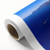 Art deco poster of Santorini landscape with pastel blue and white tones, ideal for nursery wall art or dining room ambiance.