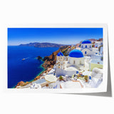 Rolled print of Santorini landscape with white buildings and blue domes, ideal for art wall dining room.