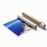 Extra large rolled print of Santorini scenery with vibrant blue and white tones, ideal for classy bathroom wall art.