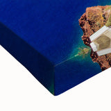 Black and white landscape art painting of Santorini on stretched canvas, ideal for bedroom wall decor.