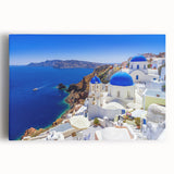 Black and white print of Santorini scenery on stretched canvas, ideal for kitchen wall art.