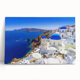 Black and white large art print of Santorini scenery on stretched canvas, suitable for kitchen wall art.