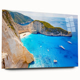 Large abstract wall art depicting a European Greek scenery in muted blue and white tones, acrylic print.