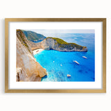 Abstract art print of a European landscape in muted blues and whites on a framed canvas, ideal for dining room decor.