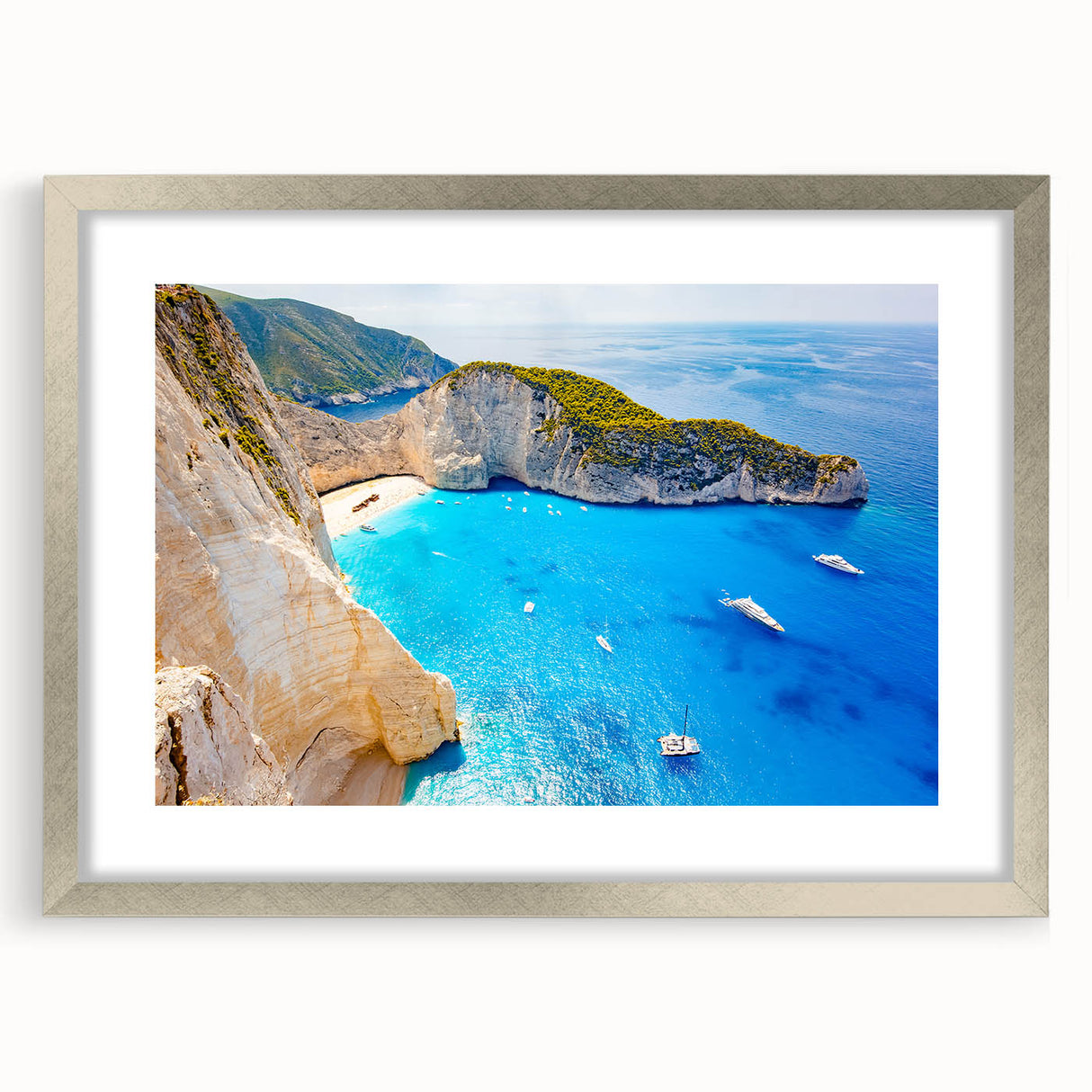 Extra large abstract art print of a textured European scenery in Greece, with muted earth tones on a silver-framed canvas.