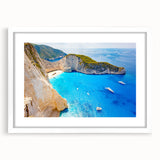 Textured abstract art print of a European Greece scenery in muted earth tones, framed with a white mat.