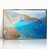 Large art print of a European Greek landscape in muted earth tones on a silver-framed acrylic.