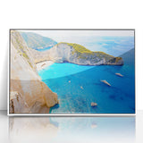 Mid-century modernist art depicting a serene Greek landscape in pastel shades on a framed acrylic panel.