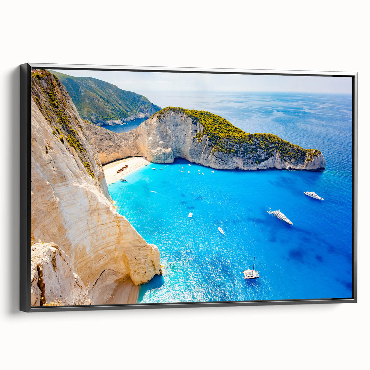 Black and white framed canvas of a vintage-style Greek landscape, ideal for bedroom wall decor.