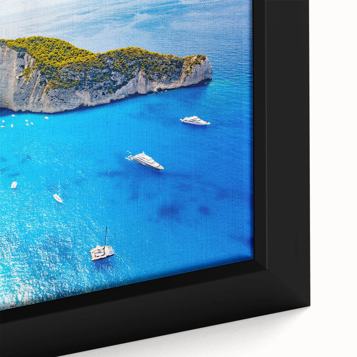 Framed canvas depicting a textured black and colorful Greek scenery, ideal for extra large living room wall art.
