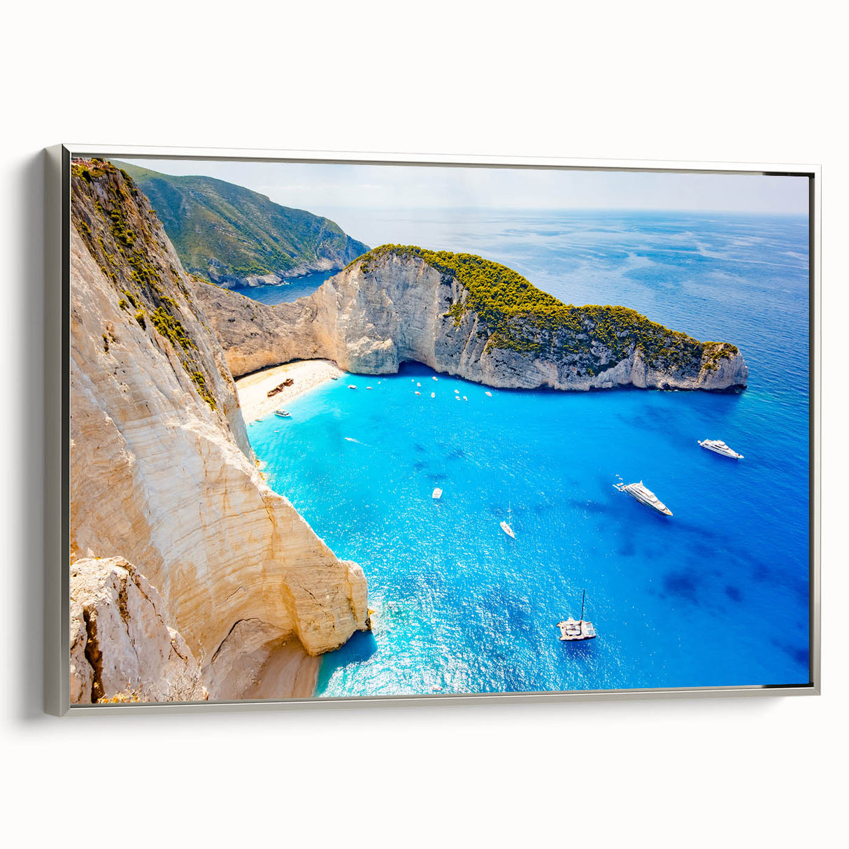 Framed canvas featuring a vintage-style landscape of a Greek seaside town in vibrant colors, ideal for living room decor.