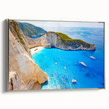 Framed canvas featuring a vintage-style landscape of a Greek seaside town in vibrant colors, ideal for living room decor.