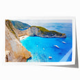 Rolled print of a serene Greek landscape with vibrant blues and whites, ideal for art wall dining room.