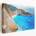 Large art print of a scenic Greek landscape on stretched canvas, featuring blue and white tones.