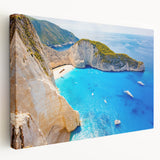 Large art print of a scenic Greek landscape on stretched canvas, featuring blue and white tones.
